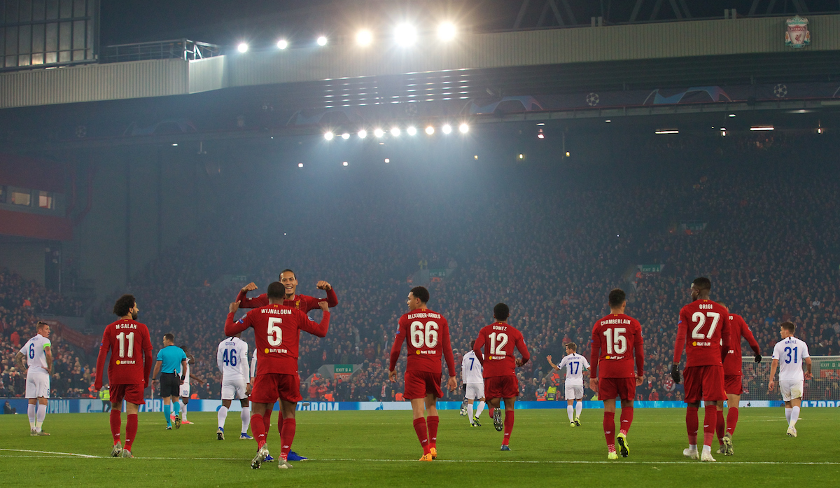 LIVERPOOL, ENGLAND - Tuesday, November 5, 2019: Liverpool's Georginio Wijnaldum (#5) celebrates scoring the first goal with team-mate Virgil van Dijk during the UEFA Champions League Group E match between Liverpool FC and KRC Genk at Anfield. (Pic by Laura Malkin/Propaganda)