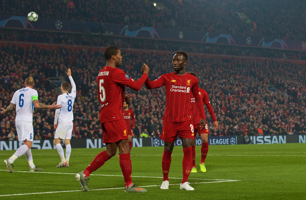 LIVERPOOL, ENGLAND - Tuesday, November 5, 2019: Liverpool's Georginio Wijnaldum (L) celebrates scoring the first goal with team-mate Naby Keita during the UEFA Champions League Group E match between Liverpool FC and KRC Genk at Anfield. (Pic by Laura Malkin/Propaganda)