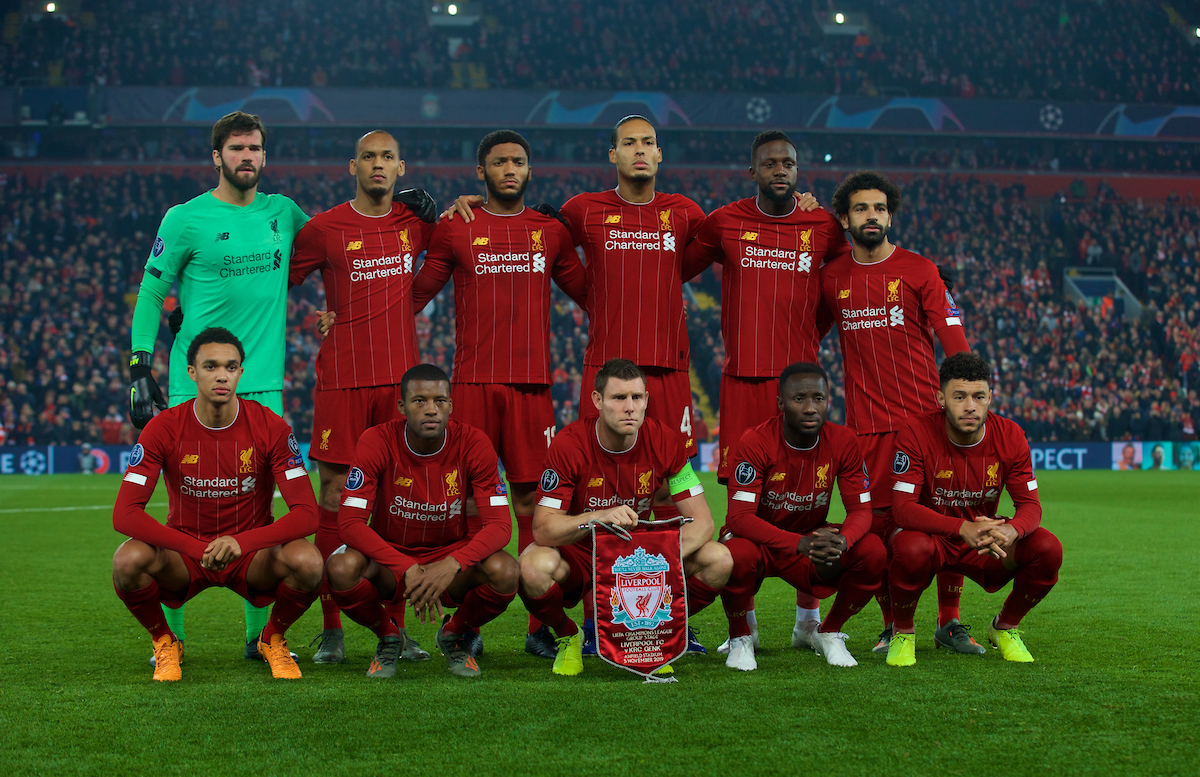 LIVERPOOL, ENGLAND - Tuesday, November 5, 2019: Liverpool's players line-up for a team group photograph before the UEFA Champions League Group E match between Liverpool FC and KRC Genk at Anfield. Back row L-R: goalkeeper Alisson Becker, Fabio Henrique Tavares 'Fabinho', Joe Gomez, Virgil van Dijk, Divock Origi, Mohamed Salah. Front row L-R: Trent Alexander-Arnold, Georgina Wijnaldum, captain James Milner, Naby Keita, Alex Oxlade-Chamberlain. (Pic by Laura Malkin/Propaganda)