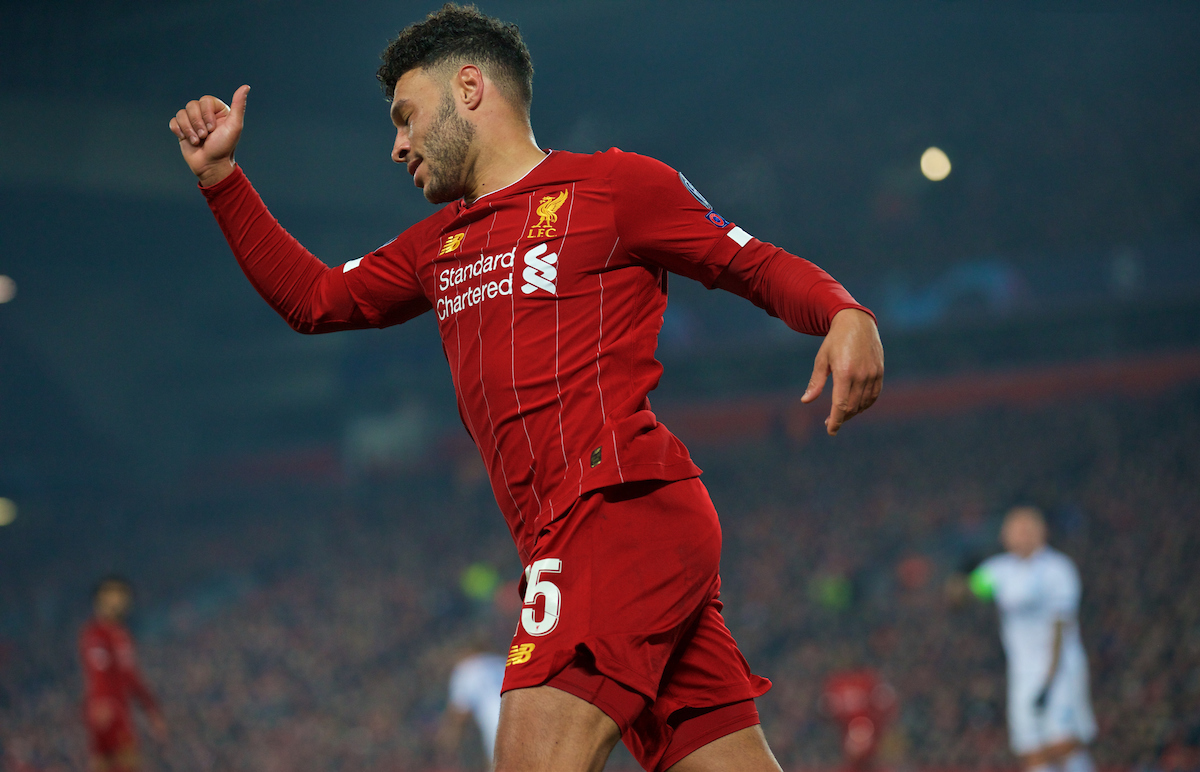 LIVERPOOL, ENGLAND - Tuesday, November 5, 2019: Liverpool's Alex Oxlade-Chamberlain celebrates scoring the second goal during the UEFA Champions League Group E match between Liverpool FC and KRC Genk at Anfield. (Pic by Laura Malkin/Propaganda)