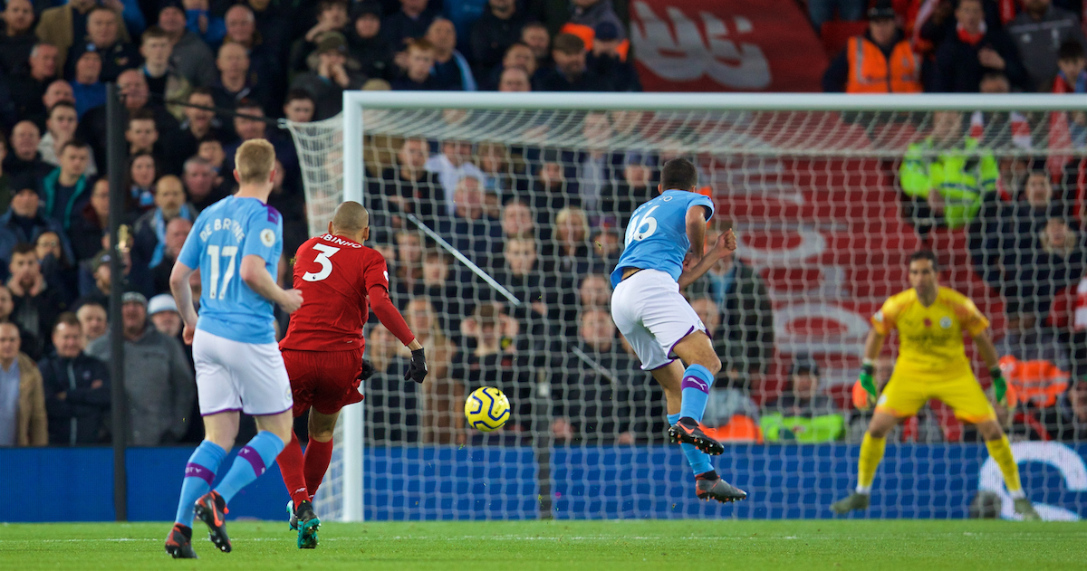 LIVERPOOL, ENGLAND - Sunday, November 10, 2019: Liverpool's Fabio Henrique Tavares 'Fabinho' scores the first goal during the FA Premier League match between Liverpool FC and Manchester City FC at Anfield. (Pic by David Rawcliffe/Propaganda)