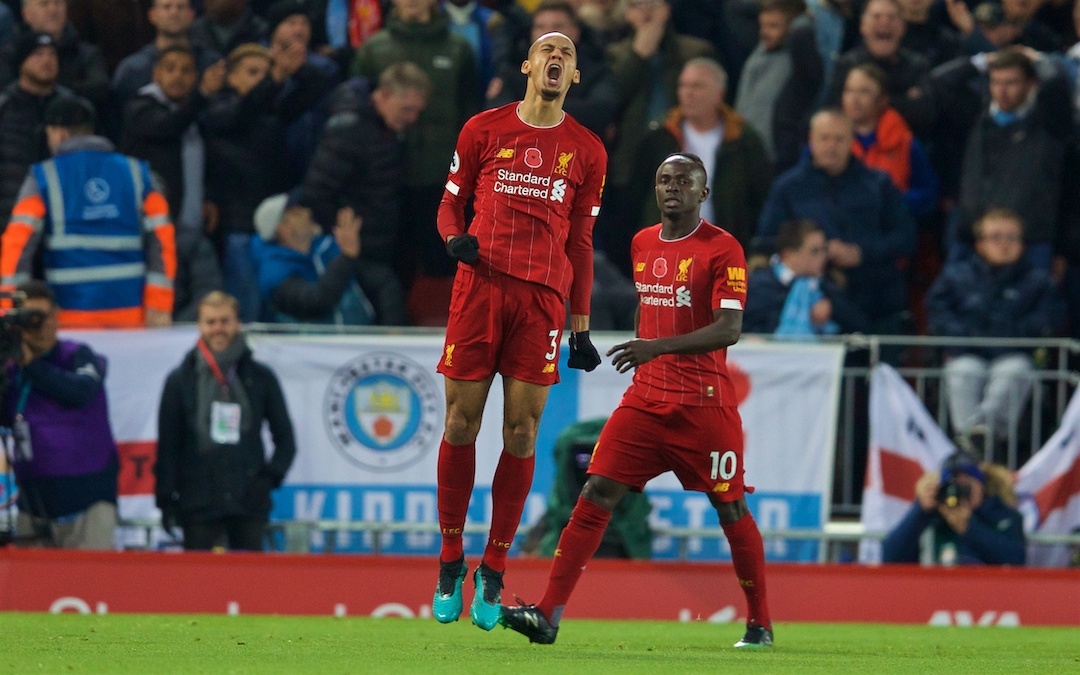 LIVERPOOL, ENGLAND - Sunday, November 10, 2019: Liverpool's Fabio Henrique Tavares 'Fabinho' celebrates scoring the first goal during the FA Premier League match between Liverpool FC and Manchester City FC at Anfield. (Pic by David Rawcliffe/Propaganda)