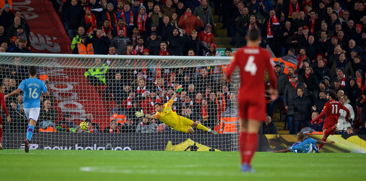 LIVERPOOL, ENGLAND - Sunday, November 10, 2019: Liverpool's Mohamed Salah scores the second goal during the FA Premier League match between Liverpool FC and Manchester City FC at Anfield. (Pic by David Rawcliffe/Propaganda)