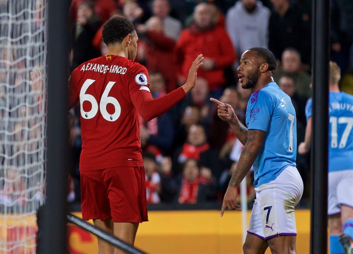 LIVERPOOL, ENGLAND - Sunday, November 10, 2019: Manchester City's Raheem Sterling points after hitting out at Liverpool's Trent Alexander-Arnold during the FA Premier League match between Liverpool FC and Manchester City FC at Anfield. (Pic by David Rawcliffe/Propaganda)