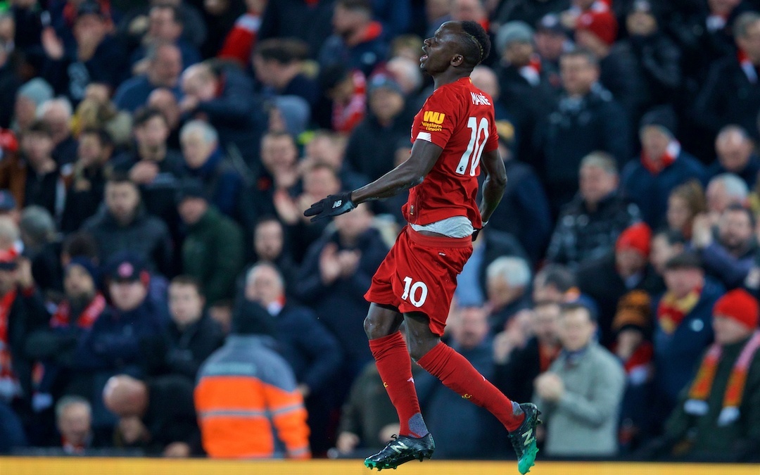 LIVERPOOL, ENGLAND - Sunday, November 10, 2019: Liverpool's Sadio Mané celebrates scoring the third goal during the FA Premier League match between Liverpool FC and Manchester City FC at Anfield. (Pic by David Rawcliffe/Propaganda)