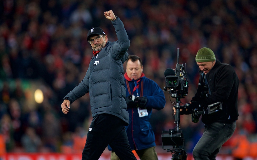 LIVERPOOL, ENGLAND - Sunday, November 10, 2019: Liverpool's manager Jürgen Klopp celebrates, as the SteadyCam follows him, after during the FA Premier League match between Liverpool FC and Manchester City FC at Anfield. Liverpool won 3-1. (Pic by David Rawcliffe/Propaganda)