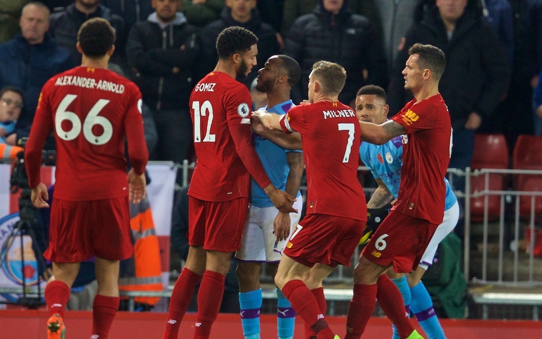 LIVERPOOL, ENGLAND - Sunday, November 10, 2019: Manchester City's Raheem Sterling (R) clashes with Liverpool's Joe Gomez during the FA Premier League match between Liverpool FC and Manchester City FC at Anfield. (Pic by David Rawcliffe/Propaganda)