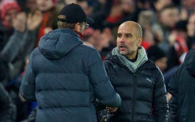 Manchester City's head coach Pep Guardiola (R) shakes hands with Liverpool's manager Jürgen Klopp after the FA Premier League match between Liverpool FC and Manchester City FC at Anfield