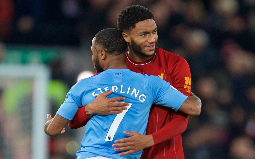 LIVERPOOL, ENGLAND - Sunday, November 10, 2019: Manchester City's Raheem Sterling (L) and Liverpool's Joe Gomez at the final whistle after the FA Premier League match between Liverpool FC and Manchester City FC at Anfield. Liverpool won 3-1. (Pic by David Rawcliffe/Propaganda)