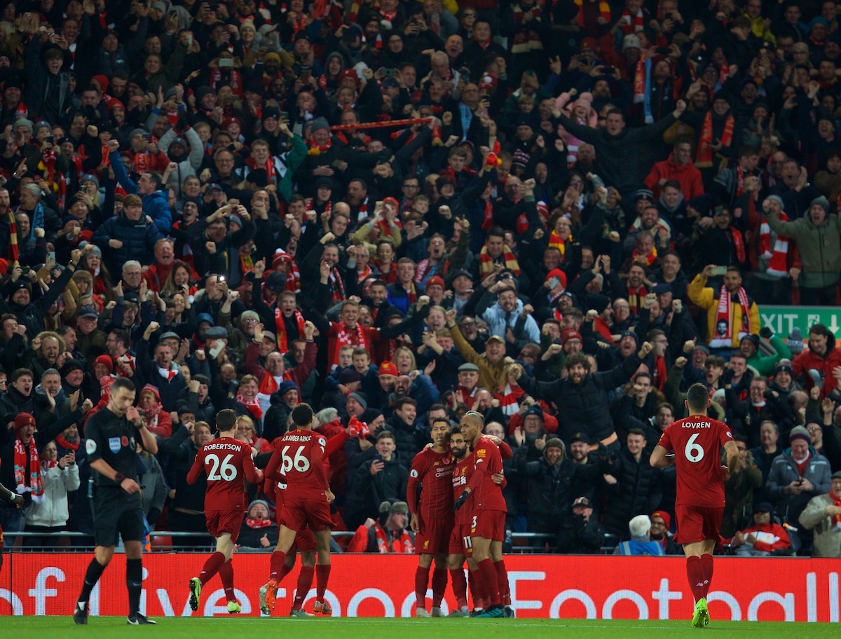 LIVERPOOL, ENGLAND - Sunday, November 10, 2019: Liverpool's Mohamed Salah (#11) celebrates scoring the first goal with team-mates during the FA Premier League match between Liverpool FC and Manchester City FC at Anfield. Liverpool won 3-1. (Pic by David Rawcliffe/Propaganda)