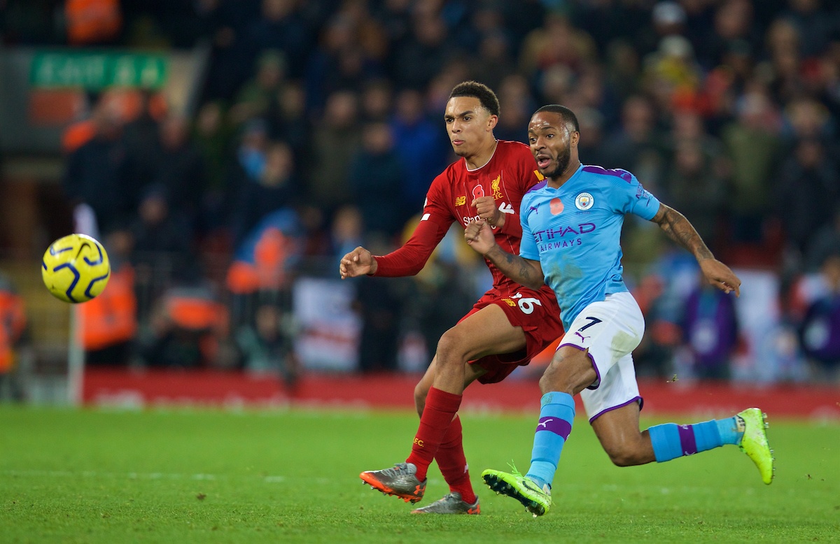 LIVERPOOL, ENGLAND - Sunday, November 10, 2019: Liverpool's Trent Alexander-Arnold (L) and Manchester City's Raheem Sterling during the FA Premier League match between Liverpool FC and Manchester City FC at Anfield. (Pic by David Rawcliffe/Propaganda)