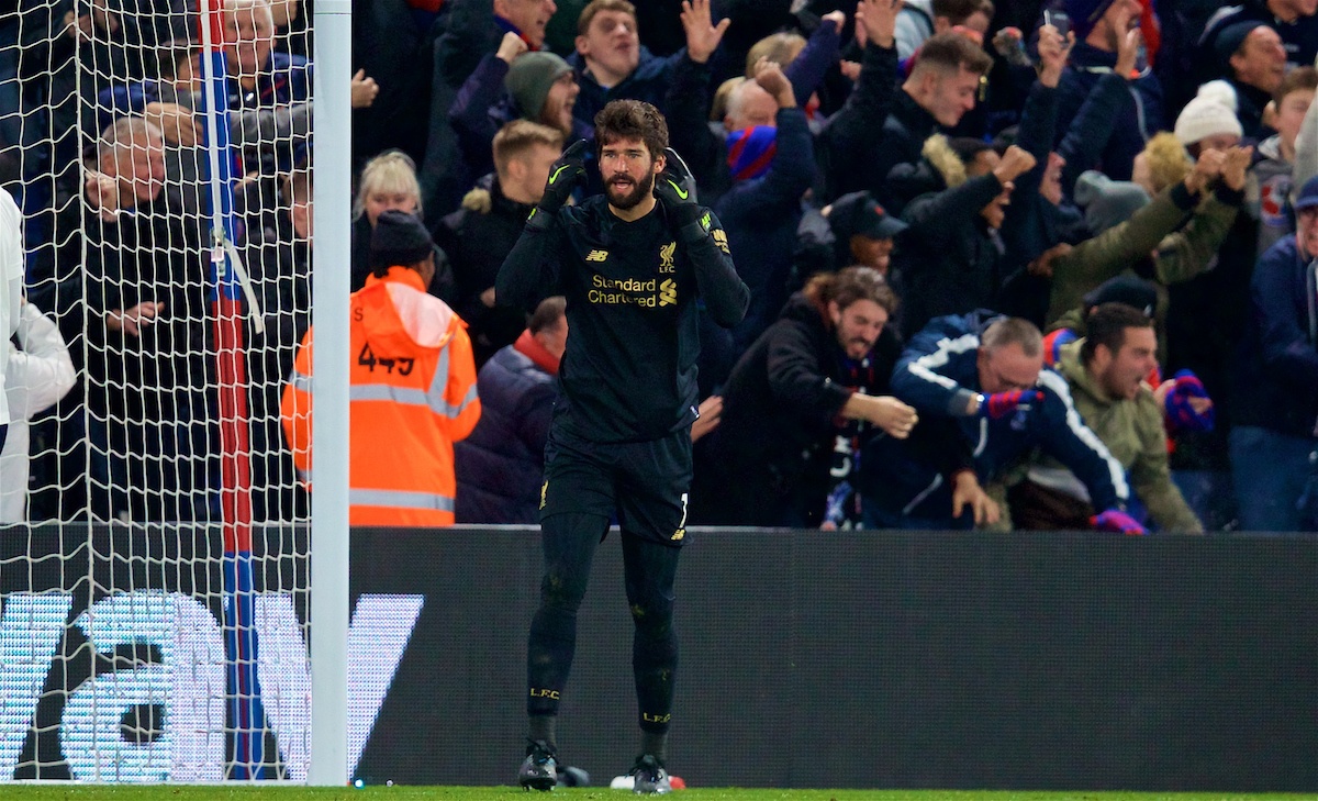 LONDON, ENGLAND - Saturday, November 23, 2019: Liverpool's goalkeeper Alisson Becker reacts after Crystal Palace score an equalising goal during the FA Premier League match between Crystal Palace and Liverpool FC at Selhurst Park. (Pic by David Rawcliffe/Propaganda)