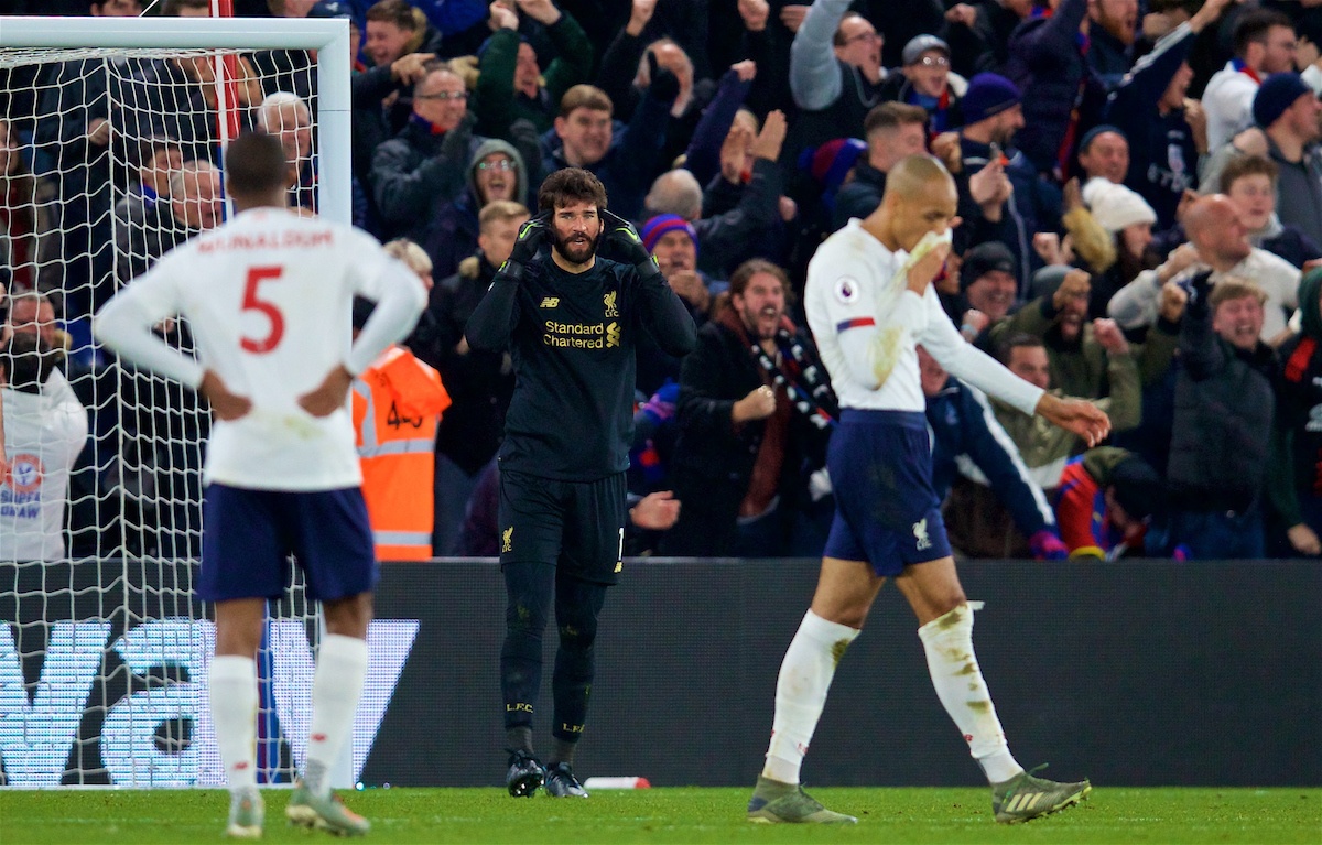 LONDON, ENGLAND - Saturday, November 23, 2019: Liverpool's goalkeeper Alisson Becker reacts after Crystal Palace score an equalising goal during the FA Premier League match between Crystal Palace and Liverpool FC at Selhurst Park. (Pic by David Rawcliffe/Propaganda)