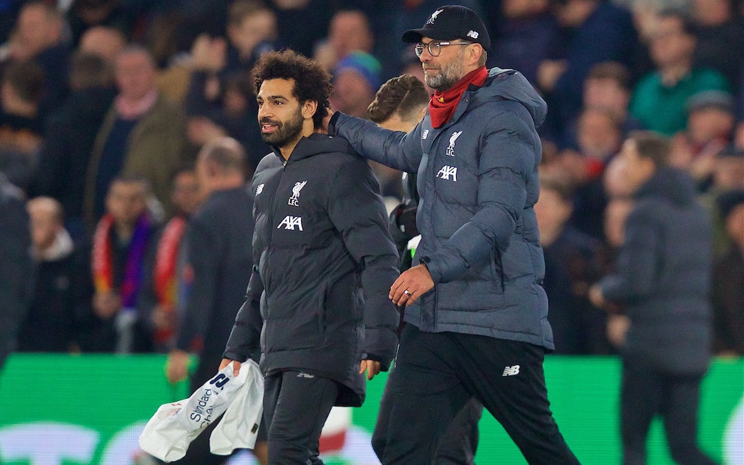 LONDON, ENGLAND - Saturday, November 23, 2019: Liverpool's manager Jürgen Klopp (R) and Mohamed Salah celebrate after the FA Premier League match between Crystal Palace and Liverpool FC at Selhurst Park. Liverpool won 2-1. (Pic by David Rawcliffe/Propaganda)