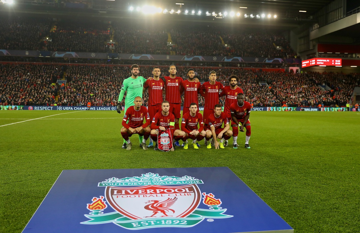 LIVERPOOL, ENGLAND - Wednesday, November 27, 2019: Liverpool players line-up for a team group photograph before the UEFA Champions League Group E match between Liverpool FC and SSC Napoli at Anfield. Back row L-R: goalkeeper Alisson Becker, Dejan Lovren, Virgil van Dijk, Joe Gomez, Roberto Firmino, Mohamed Salah. Front row L-R: Fabio Henrique Tavares 'Fabinho', captain Jordan Henderson, Andy Robertson, James Milner., Sadio Mané. (Pic by David Rawcliffe/Propaganda)