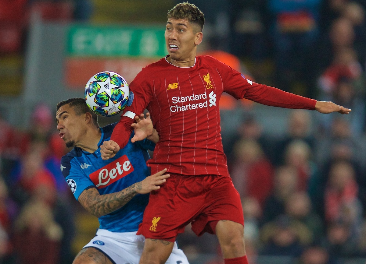 LIVERPOOL, ENGLAND - Wednesday, November 27, 2019: Liverpool's Roberto Firmino (R) and SSC Napoli's Allan Marques Loureiro during the UEFA Champions League Group E match between Liverpool FC and SSC Napoli at Anfield. (Pic by David Rawcliffe/Propaganda)