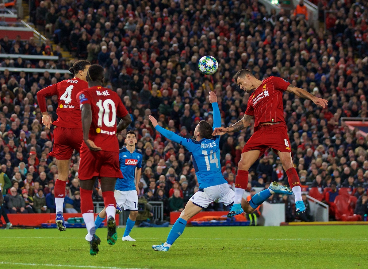 LIVERPOOL, ENGLAND - Wednesday, November 27, 2019: Liverpool's Dejan Lovren scores the first equalising goal with a header to level the score at 1-1 during the UEFA Champions League Group E match between Liverpool FC and SSC Napoli at Anfield. (Pic by David Rawcliffe/Propaganda)