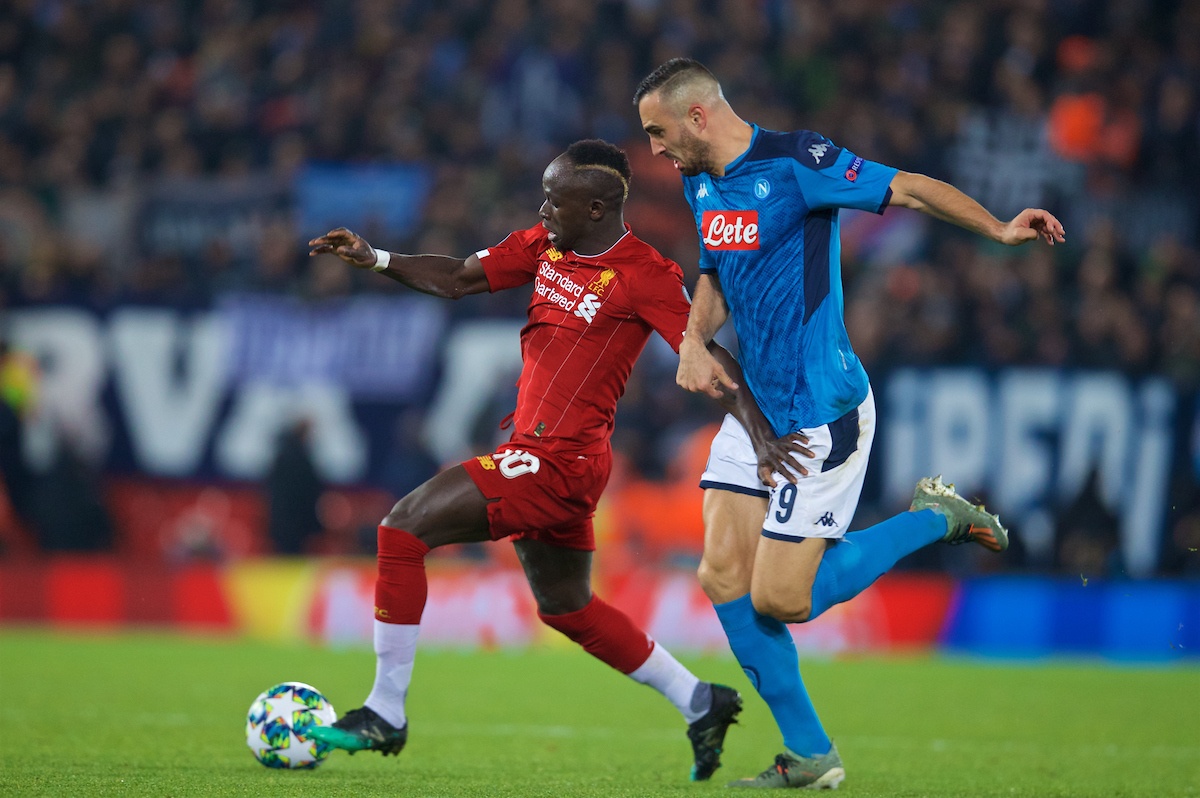 LIVERPOOL, ENGLAND - Wednesday, November 27, 2019: Liverpool's Sadio Mané is held back by SSC Napoli's Nikola Maksimović during the UEFA Champions League Group E match between Liverpool FC and SSC Napoli at Anfield. (Pic by David Rawcliffe/Propaganda)