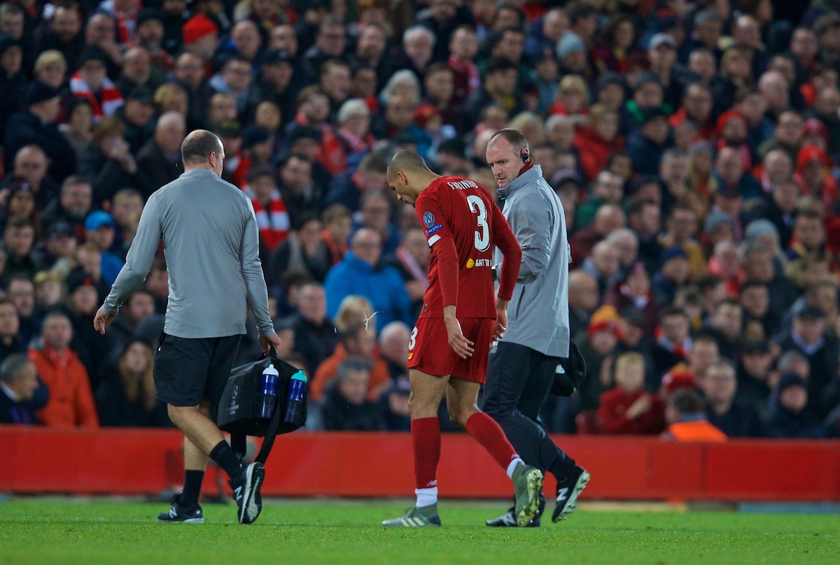 LIVERPOOL, ENGLAND - Wednesday, November 27, 2019: Liverpool's Fabio Henrique Tavares 'Fabinho' goes off injured during the UEFA Champions League Group E match between Liverpool FC and SSC Napoli at Anfield. (Pic by David Rawcliffe/Propaganda)