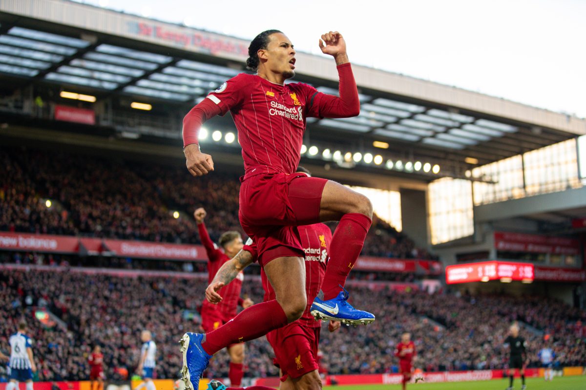 LIVERPOOL, ENGLAND - Saturday, November 30, 2019: Liverpool's Virgil van Dijk celebrates scoring the first goal during the FA Premier League match between Liverpool FC and Brighton & Hove Albion FC at Anfield. (Pic by David Rawcliffe/Propaganda)