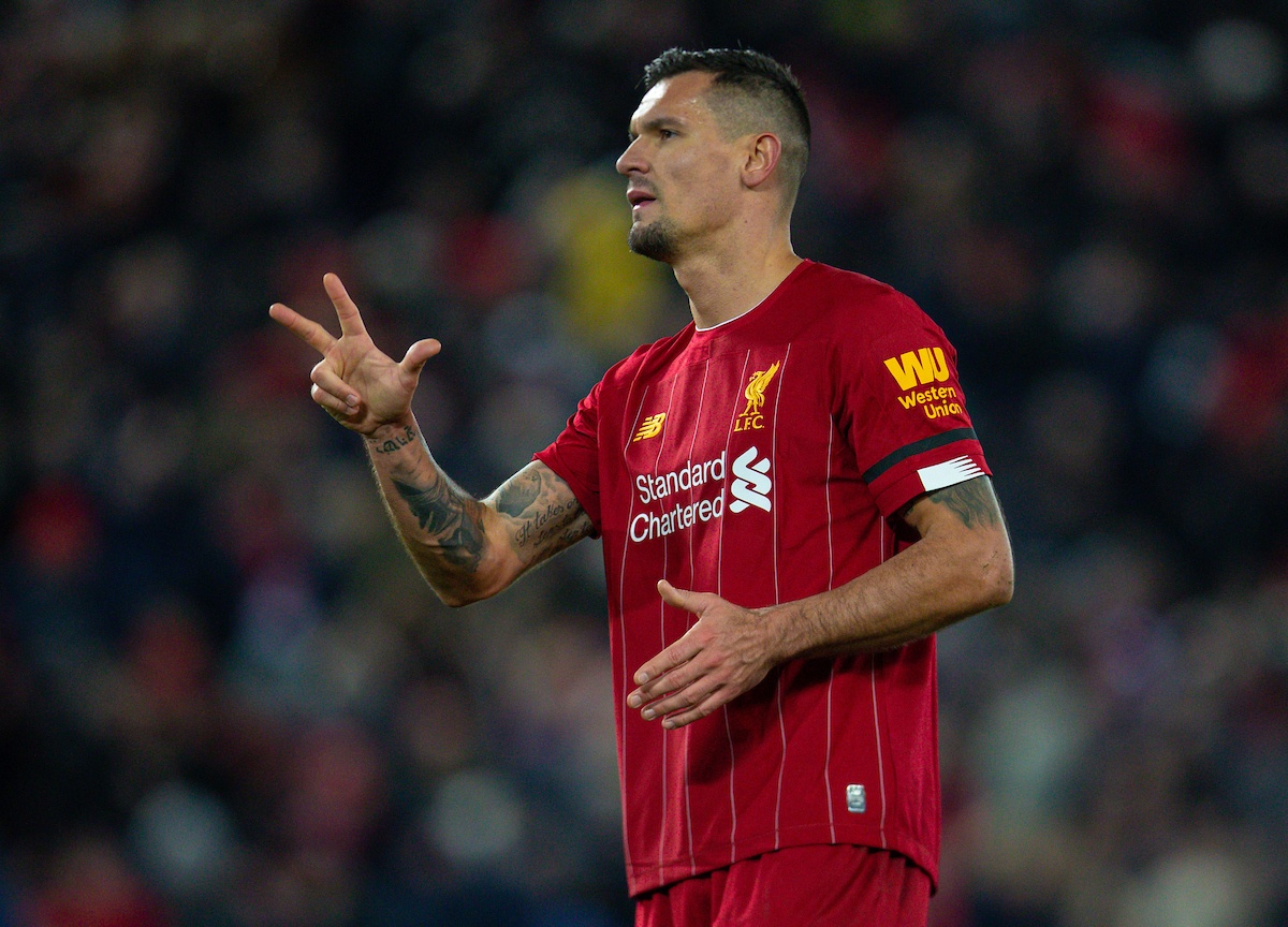 LIVERPOOL, ENGLAND - Saturday, November 30, 2019: Liverpool's Dejan Lovren celebrates winning the three points after the FA Premier League match between Liverpool FC and Brighton & Hove Albion FC at Anfield. Liverpool won 2-1 with ten men. (Pic by David Rawcliffe/Propaganda)