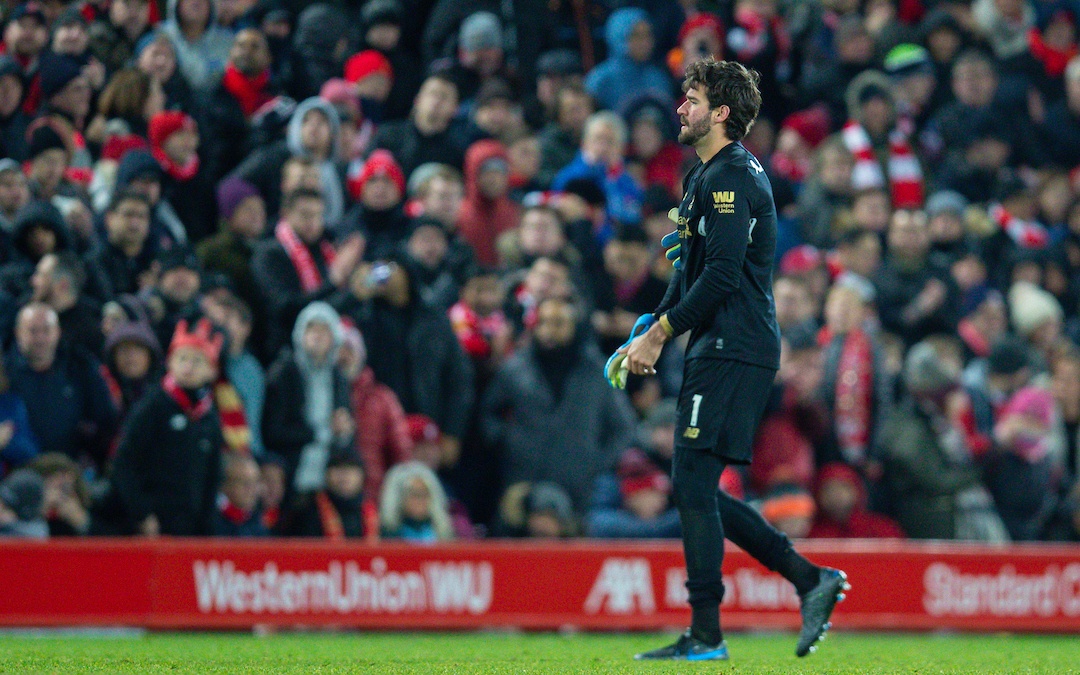 LIVERPOOL, ENGLAND - Saturday, November 30, 2019: Liverpool's goalkeeper Alisson Becker walks off after being shown a red card and sent off during the FA Premier League match between Liverpool FC and Brighton & Hove Albion FC at Anfield. (Pic by David Rawcliffe/Propaganda)