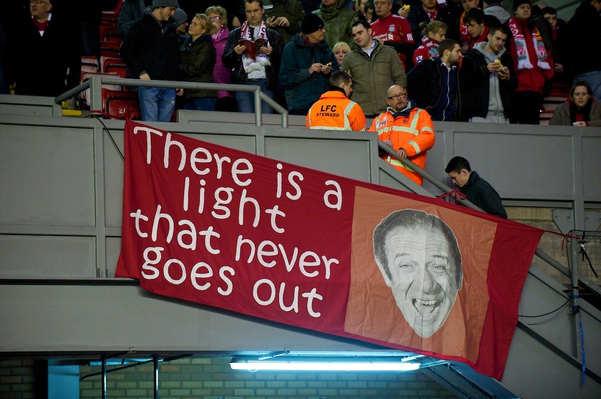 LIVERPOOL, ENGLAND - Wednesday, February 2, 2011: Liverpool supporter's banner; "There is a light that never goes out" featuring a picture of Carry On actor Sid James during the Premiership match at Anfield. (Photo by David Rawcliffe/Propaganda)