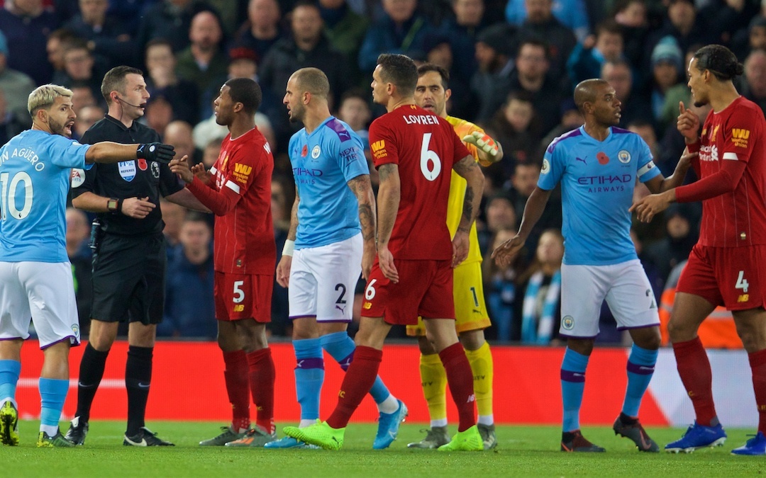 LIVERPOOL, ENGLAND - Sunday, November 10, 2019: Manchester City's Sergio Agüero complains to referee Michael Oliver after Liverpool's opening goal during the FA Premier League match between Liverpool FC and Manchester City FC at Anfield. Liverpool won 3-1. (Pic by David Rawcliffe/Propaganda)