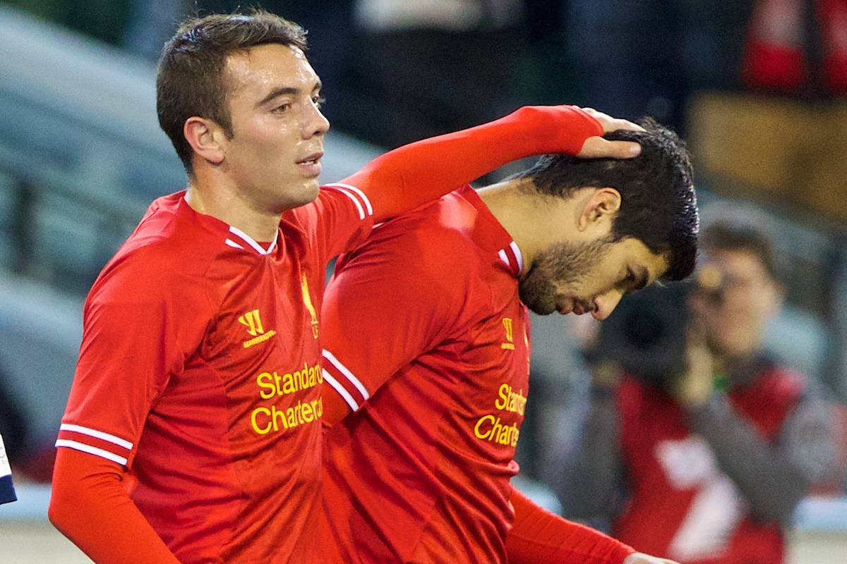 MELBOURNE, AUSTRALIA - Wednesday, July 24, 2013: Liverpool's Iago Aspas celebrates scoring the second goal against with creator Luis Suarez against Melbourne Victory during a preseason friendly match at the Melbourne Cricket Ground. (Pic by David Rawcliffe/Propaganda)