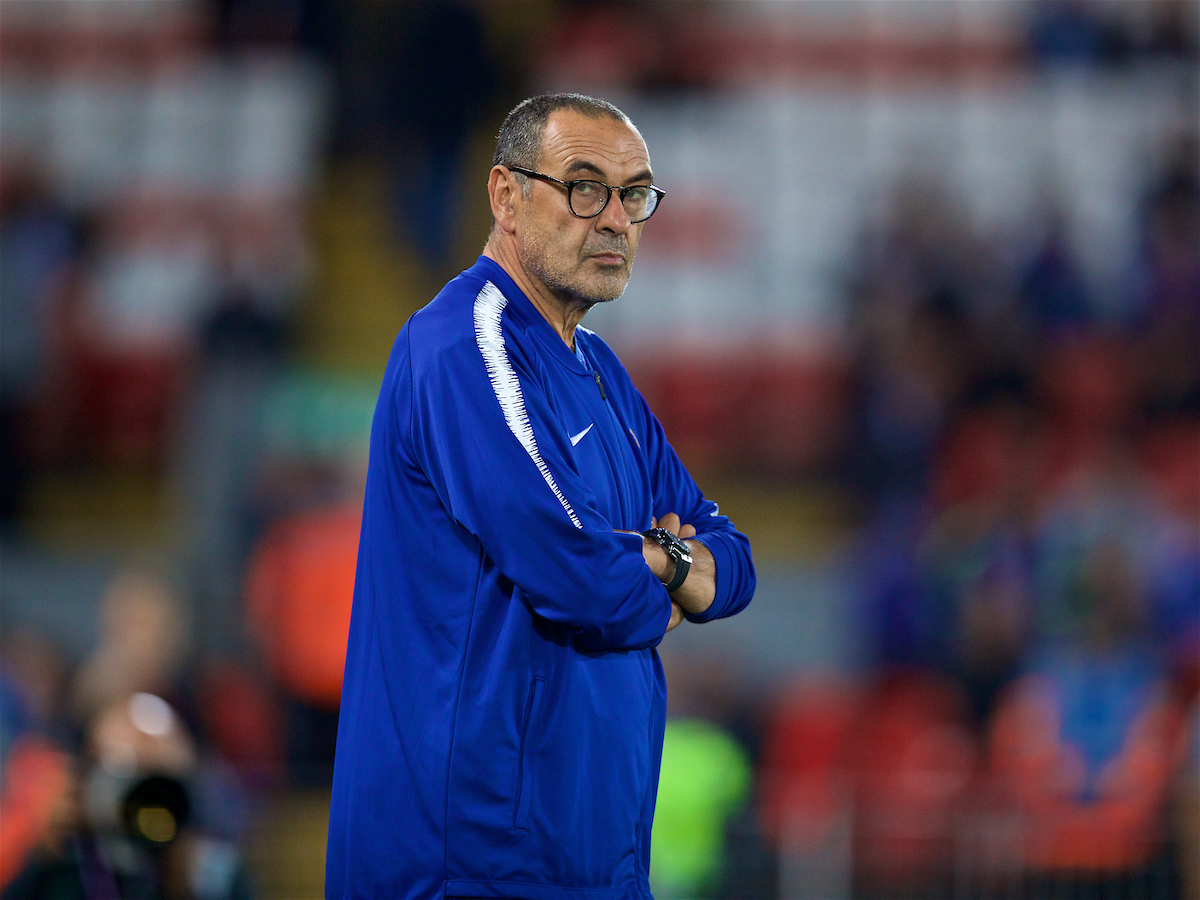 LIVERPOOL, ENGLAND - Wednesday, September 26, 2018: Chelsea's manager Maurizio Sarri during the pre-match warm-up before the Football League Cup 3rd Round match between Liverpool FC and Chelsea FC at Anfield. (Pic by David Rawcliffe/Propaganda)