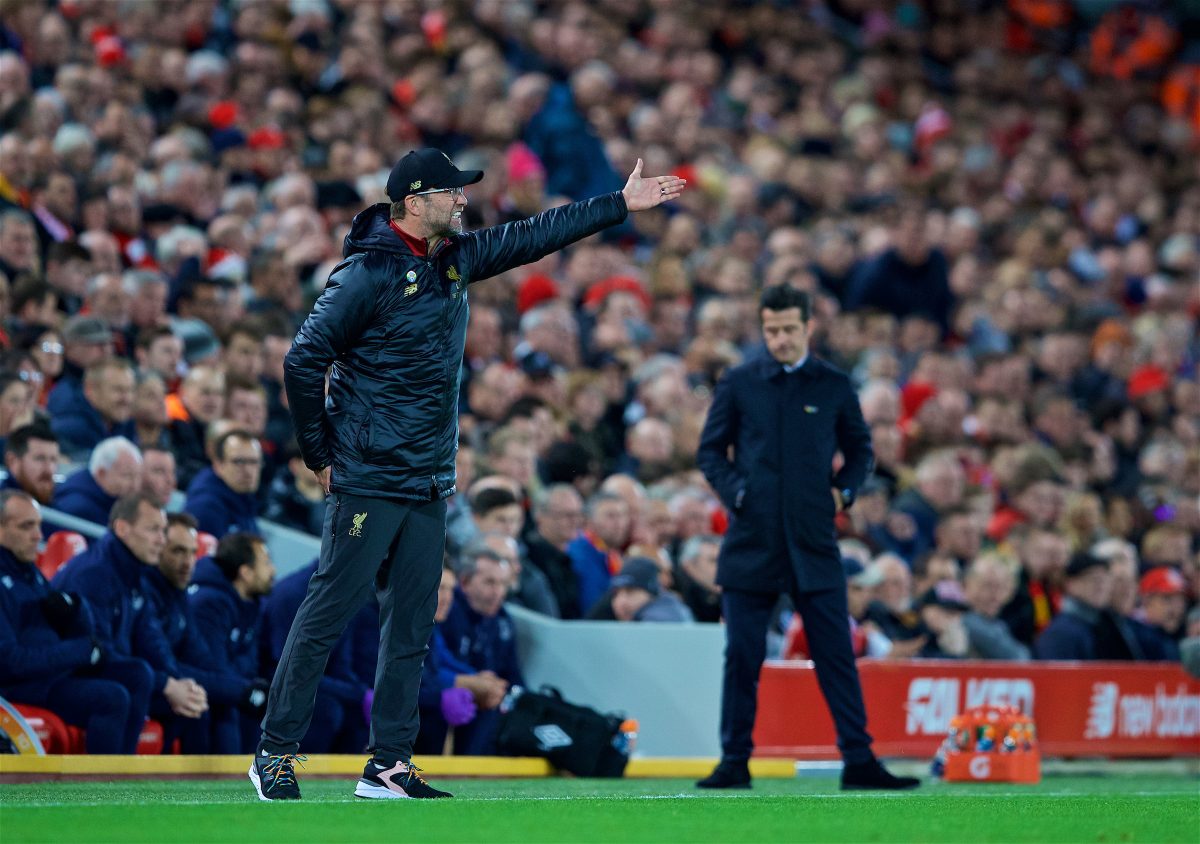 LIVERPOOL, ENGLAND - Sunday, December 2, 2018: Liverpool's manager Jürgen Klopp reacts during the FA Premier League match between Liverpool FC and Everton FC at Anfield, the 232nd Merseyside Derby. (Pic by Paul Greenwood/Propaganda)