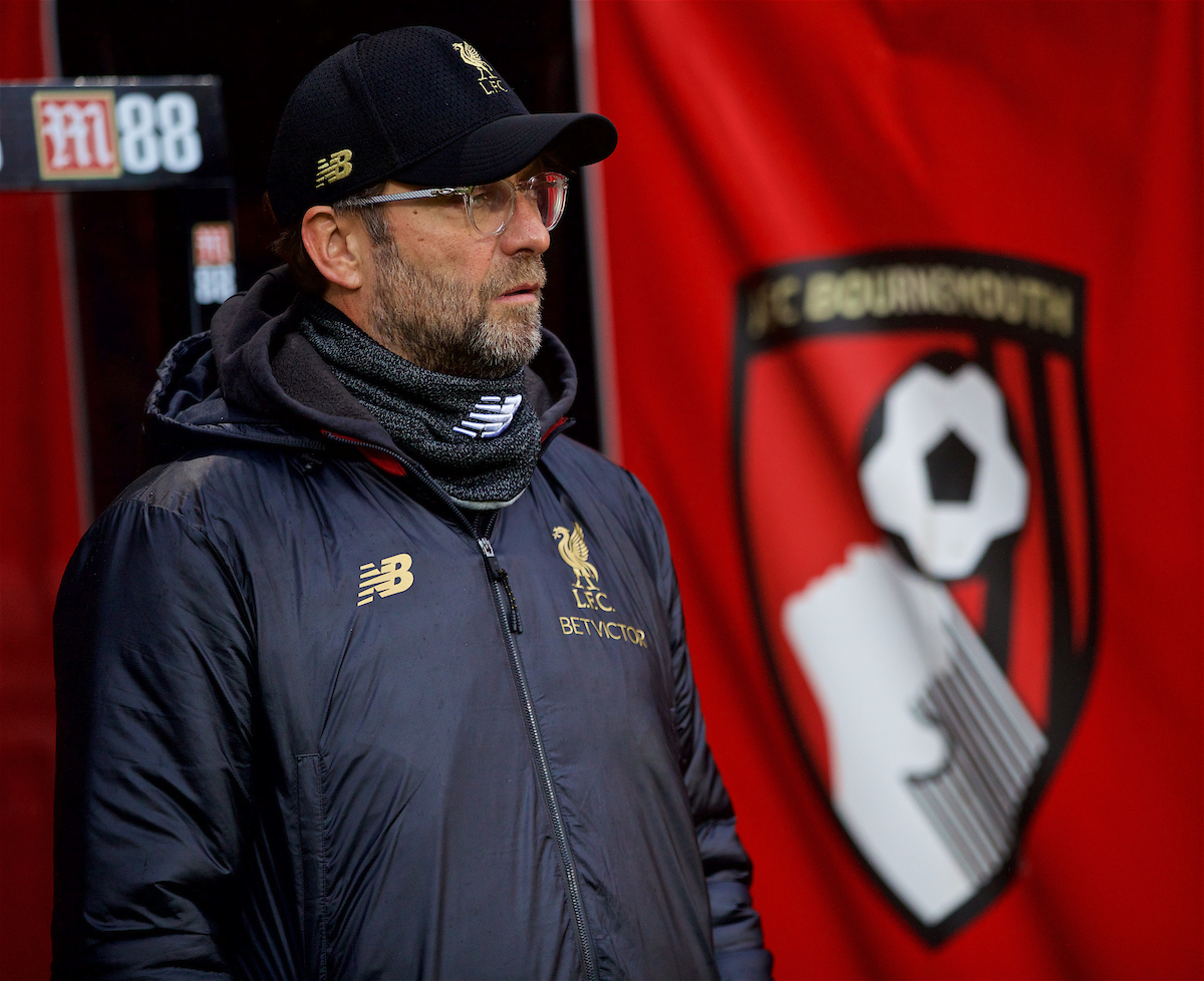 BOURNEMOUTH, ENGLAND - Saturday, December 8, 2018: Liverpool's manager Jürgen Klopp before the FA Premier League match between AFC Bournemouth and Liverpool FC at the Vitality Stadium. (Pic by David Rawcliffe/Propaganda)