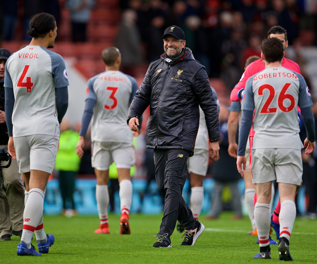 BOURNEMOUTH, ENGLAND - Saturday, December 8, 2018: Liverpool's manager Jürgen Klopp celebrates after the 4-0 victory over AFC Bournemouth during the FA Premier League match between AFC Bournemouth and Liverpool FC at the Vitality Stadium. Liverpool won 4-0. (Pic by David Rawcliffe/Propaganda)
