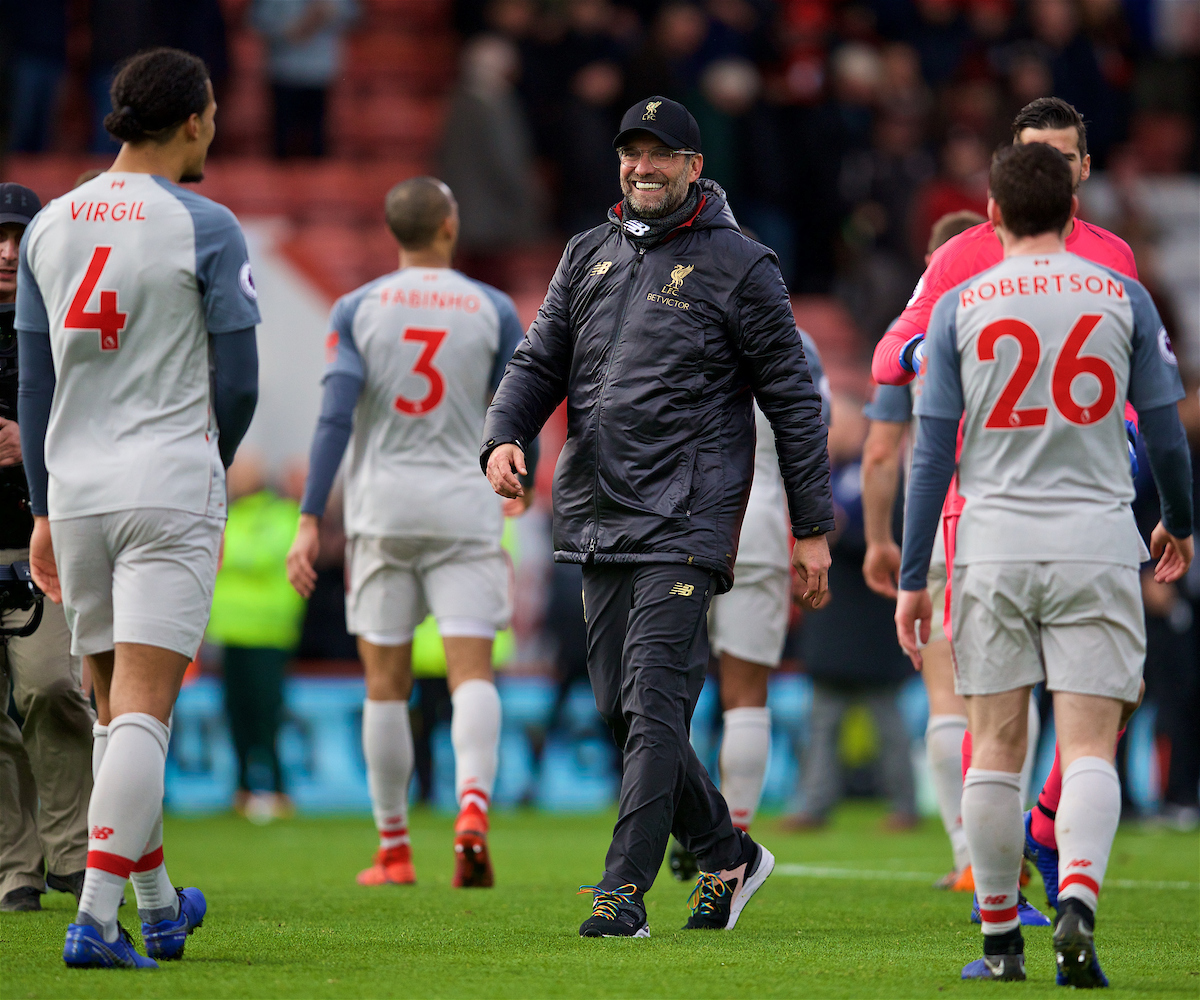 BOURNEMOUTH, ENGLAND - Saturday, December 8, 2018: Liverpool's manager Jürgen Klopp celebrates after the 4-0 victory over AFC Bournemouth during the FA Premier League match between AFC Bournemouth and Liverpool FC at the Vitality Stadium. Liverpool won 4-0. (Pic by David Rawcliffe/Propaganda)