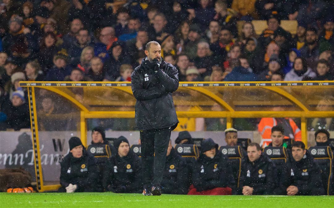 WOLVERHAMPTON, ENGLAND - Friday, December 21, 2018: Wolverhampton Wanderers' head coach Nuno Espírito Santo during the FA Premier League match between Wolverhampton Wanderers FC and Liverpool FC at Molineux Stadium. (Pic by David Rawcliffe/Propaganda)