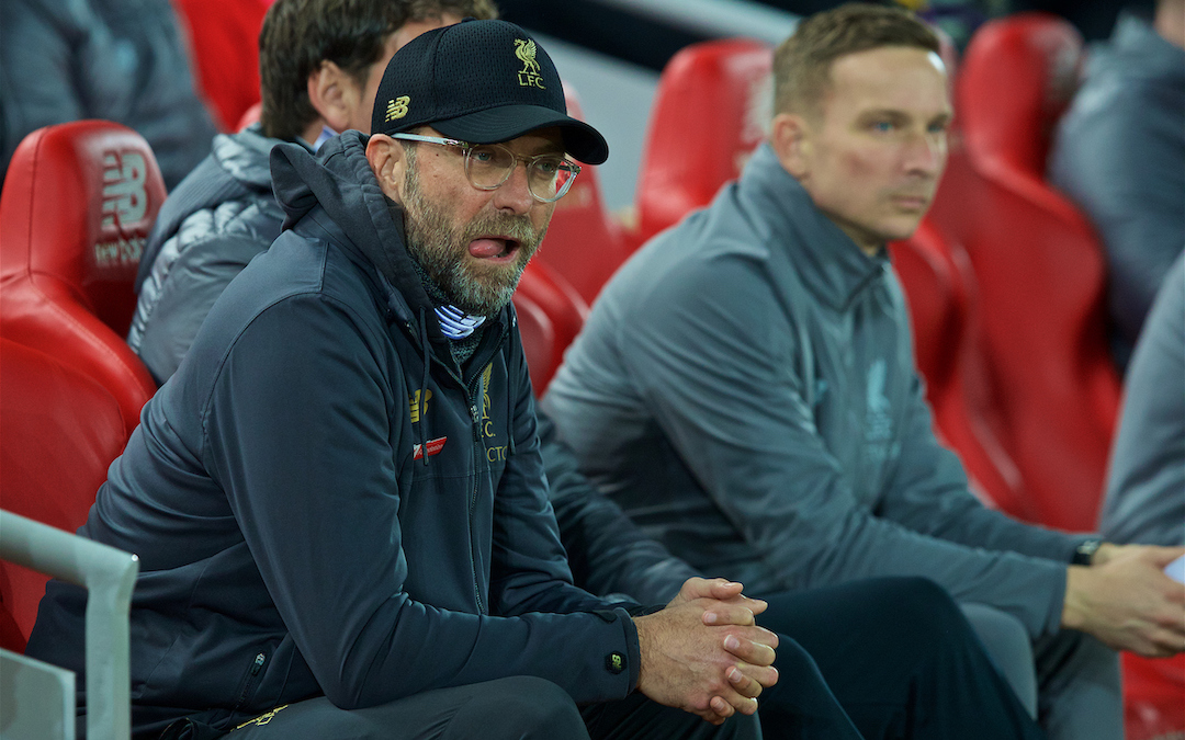 LIVERPOOL, ENGLAND - Wednesday, February 27, 2019: Liverpool's manager Jürgen Klopp and first-team development coach Pepijn Lijnders (R) on the bench before the FA Premier League match between Liverpool FC and Watford FC at Anfield. (Pic by Paul Greenwood/Propaganda)