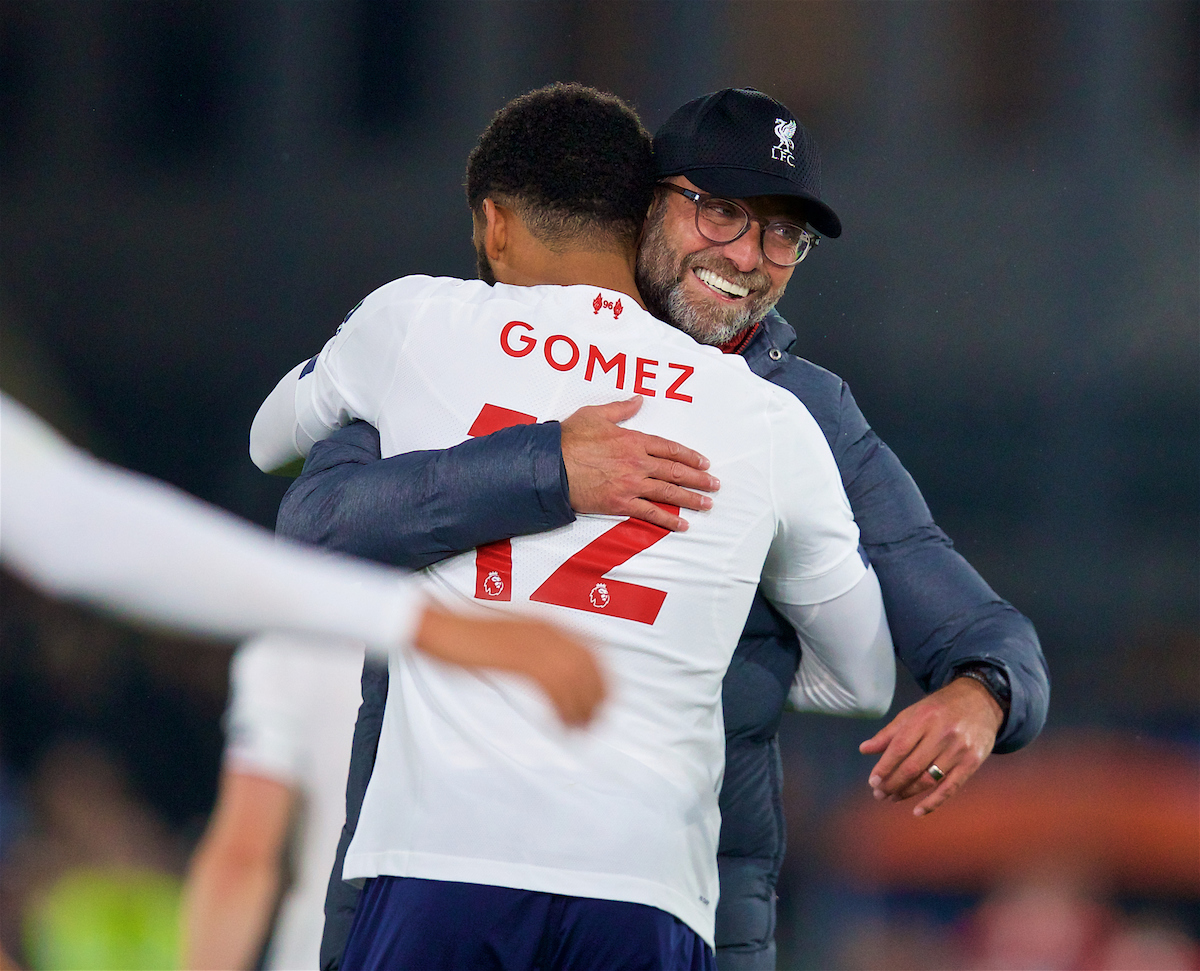 LONDON, ENGLAND - Saturday, November 23, 2019: Liverpool's manager Jürgen Klopp celebrates with Joe Gomez after the FA Premier League match between Crystal Palace and Liverpool FC at Selhurst Park. Liverpool won 2-1. (Pic by David Rawcliffe/Propaganda)