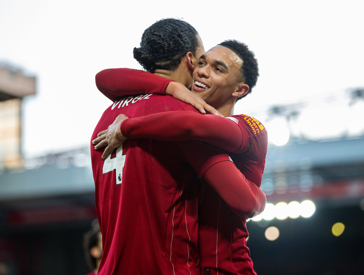 LIVERPOOL, ENGLAND - Saturday, November 30, 2019: Liverpool's Virgil van Dijk (L) celebrates scoring the second goal, his second of the game, with team-mate Trent Alexander-Arnold during the FA Premier League match between Liverpool FC and Brighton & Hove Albion FC at Anfield. Liverpool won 2-1. (Pic by David Rawcliffe/Propaganda)