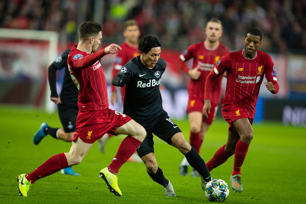 SALZBURG, AUSTRIA - Tuesday, December 10, 2019: FC Salzburg's Takumi Minamino during the final UEFA Champions League Group E match between FC Salzburg and Liverpool FC at the Red Bull Arena. (Pic by David Rawcliffe/Propaganda)