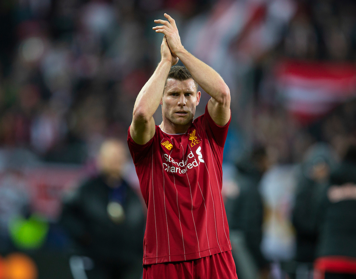 SALZBURG, AUSTRIA - Tuesday, December 10, 2019: Liverpool's James Milner applauds the supporters after the final UEFA Champions League Group E match between FC Salzburg and Liverpool FC at the Red Bull Arena. Liverpool won 2-0. (Pic by David Rawcliffe/Propaganda)