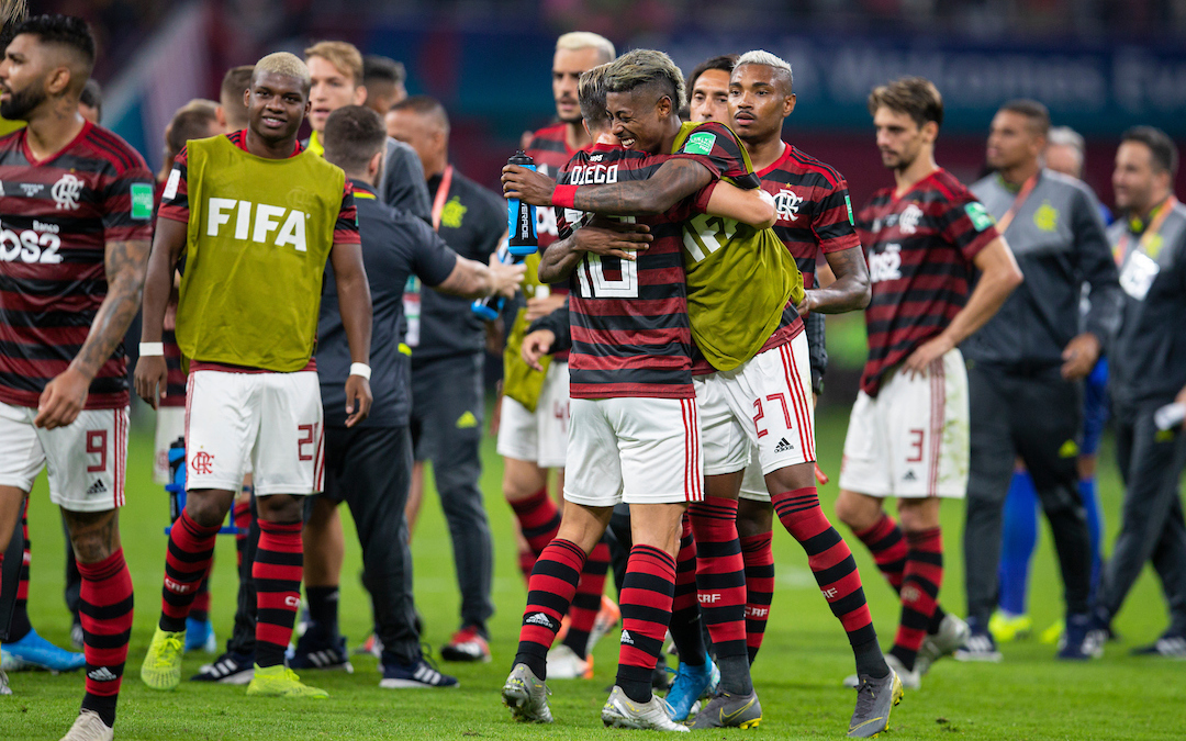 DOHA, QATAR - Tuesday, December 17, 2019: CR Flamengo's Bruno Henrique Pinto (R) celebrates with Diego Ribas da Cunha after the FIFA Club World Cup Qatar 2019 Semi-Final match between CR Flamengo and Al Hilal FC at the Khalifa Stadium. CR Flamengo won 3-1. (Pic by David Rawcliffe/Propaganda)