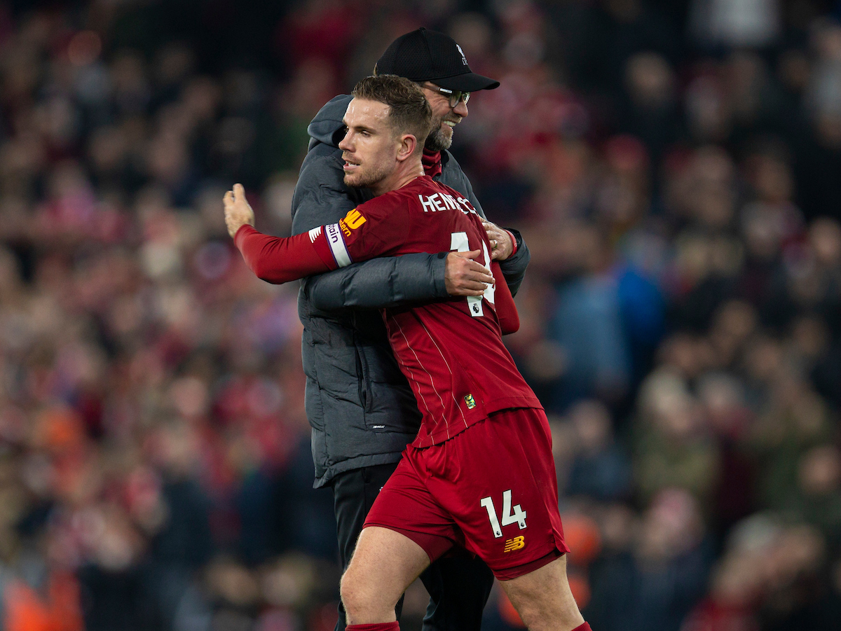 LIVERPOOL, ENGLAND - Sunday, December 29, 2019: Liverpool's manager Jürgen Klopp celebrates with captain Jordan Henderson after the FA Premier League match between Liverpool FC and Wolverhampton Wanderers FC at Anfield. Liverpool won 1-0. (Pic by David Rawcliffe/Propaganda)