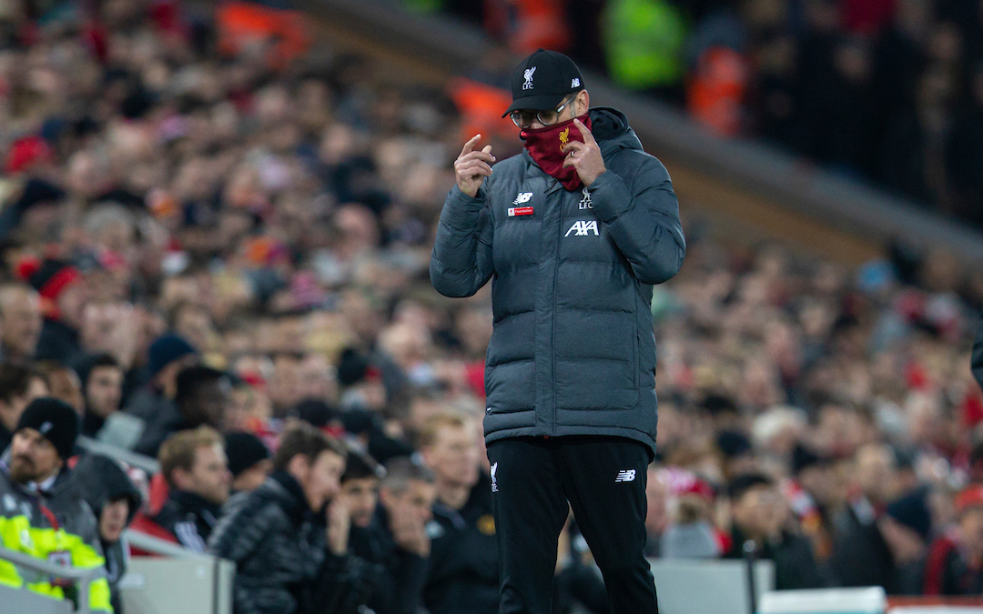 LIVERPOOL, ENGLAND - Sunday, December 29, 2019: Liverpool's manager Jürgen Klopp during the FA Premier League match between Liverpool FC and Wolverhampton Wanderers FC at Anfield. (Pic by David Rawcliffe/Propaganda)