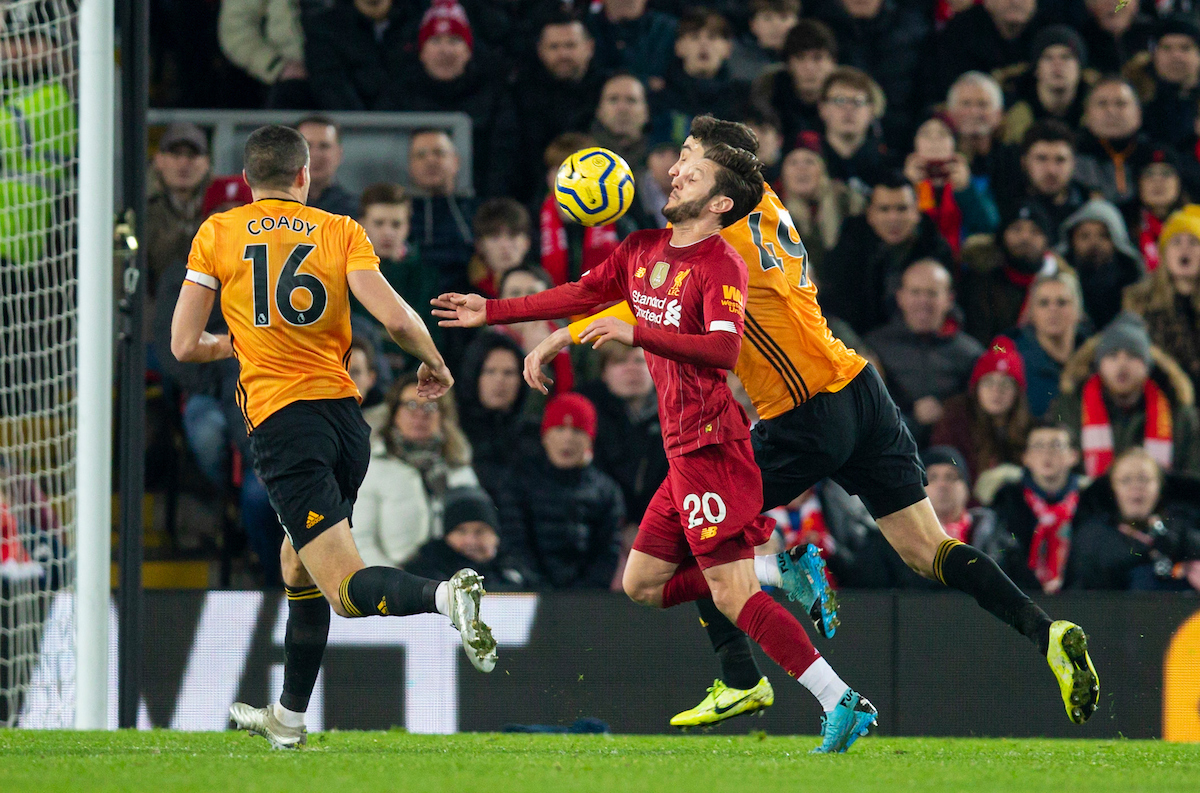 LIVERPOOL, ENGLAND - Sunday, December 29, 2019: Liverpool's Adam Lallana controls the ball before his side's opening goal during the FA Premier League match between Liverpool FC and Wolverhampton Wanderers FC at Anfield. (Pic by Richard Roberts/Propaganda)