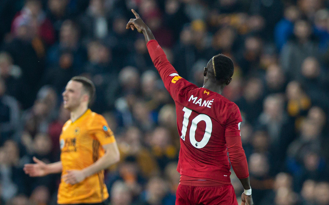 LIVERPOOL, ENGLAND - Sunday, December 29, 2019: Liverpool's Sadio Mané celebrates scoring the first goal during the FA Premier League match between Liverpool FC and Wolverhampton Wanderers FC at Anfield. (Pic by Richard Roberts/Propaganda)