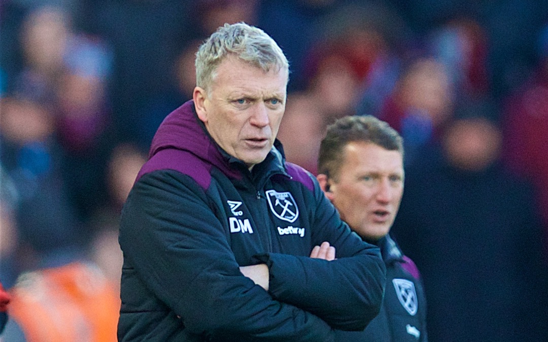 Saturday, February 24, 2018: West Ham United's manager David Moyes during the FA Premier League match between Liverpool FC and West Ham United FC at Anfield.