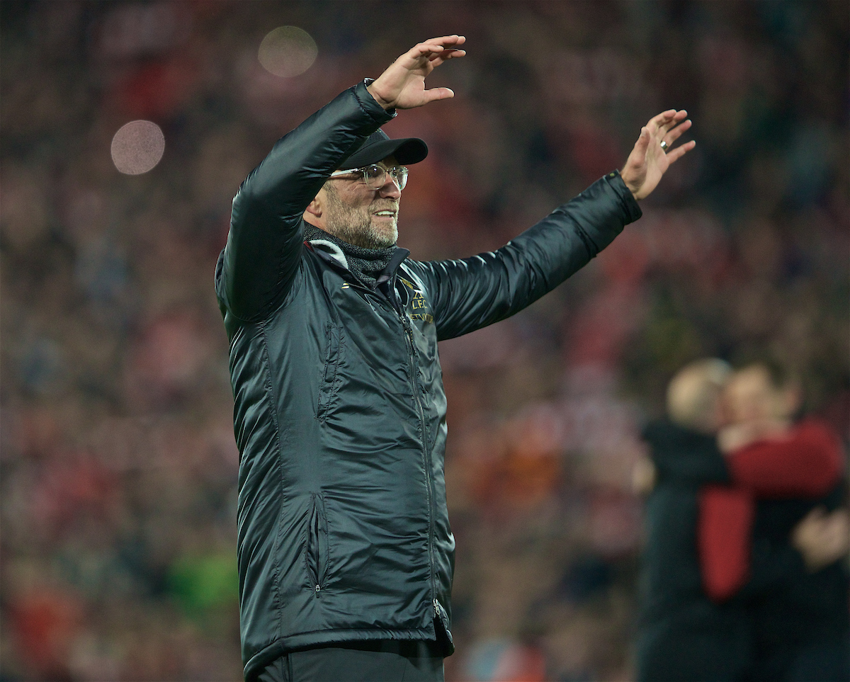 LIVERPOOL, ENGLAND - Tuesday, May 7, 2019: Liverpool's manager Jürgen Klopp celebrates after the UEFA Champions League Semi-Final 2nd Leg match between Liverpool FC and FC Barcelona at Anfield. Liverpool won 4-0 (4-3 on aggregate). (Pic by David Rawcliffe/Propaganda)