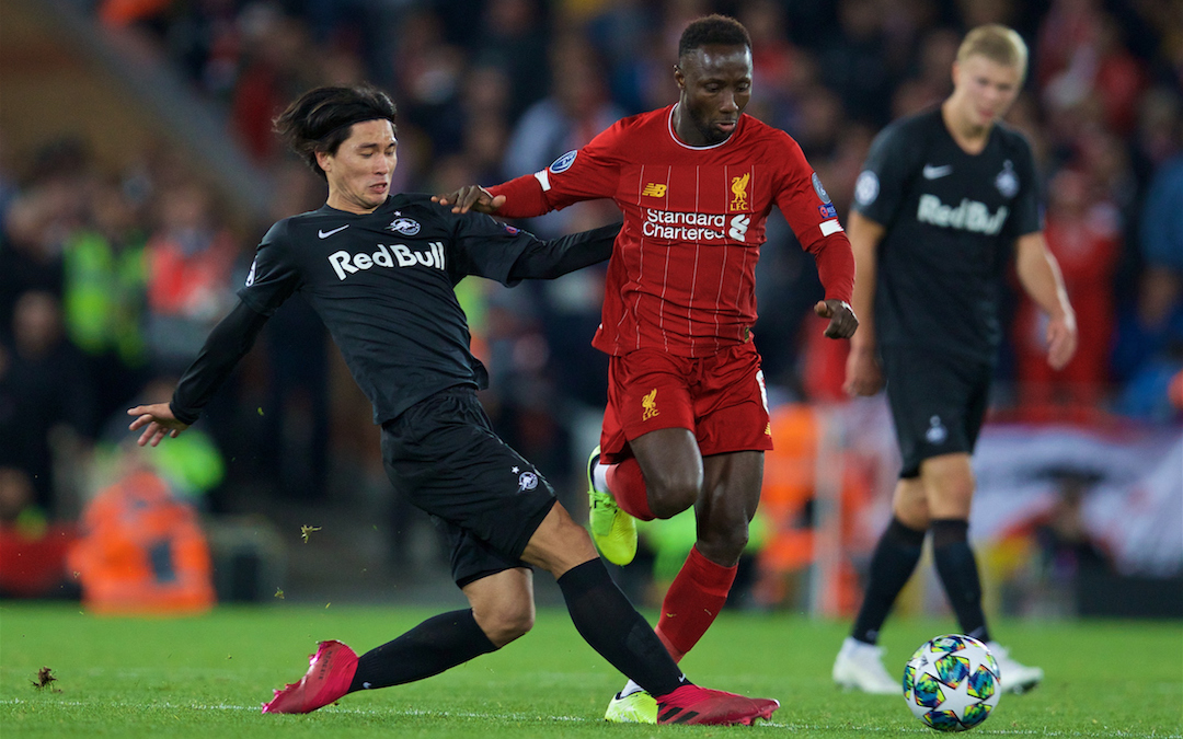 LIVERPOOL, ENGLAND - Wednesday, October 2, 2019: FC Salzburg's Takumi Minamino challenges Liverpool's Naby Keita (R) during the UEFA Champions League Group E match between Liverpool FC and FC Salzburg at Anfield. (Pic by David Rawcliffe/Propaganda)