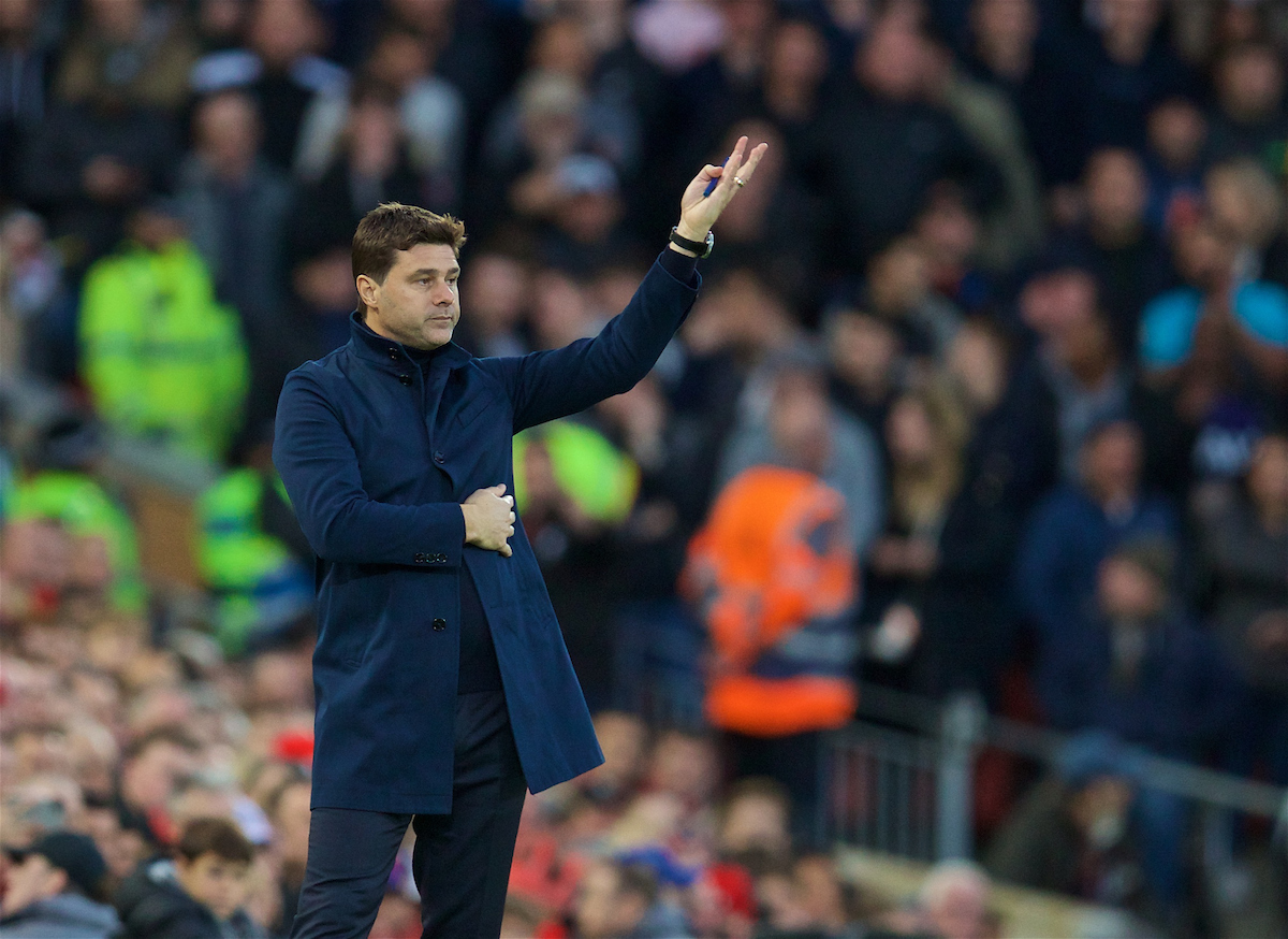 LIVERPOOL, ENGLAND - Sunday, October 27, 2019: Tottenham Hotspur's manager Mauricio Pochettino during the FA Premier League match between Liverpool FC and Tottenham Hotspur FC at Anfield. (Pic by David Rawcliffe/Propaganda)