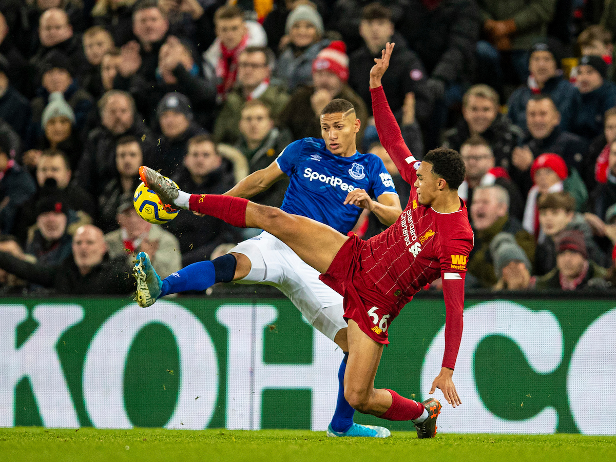 LIVERPOOL, ENGLAND - Wednesday, December 4, 2019: Liverpool's Trent Alexander-Arnold (R) challenges Everton's Richarlison de Andrade during the FA Premier League match between Liverpool FC and Everton FC, the 234th Merseyside Derby, at Anfield. (Pic by David Rawcliffe/Propaganda)